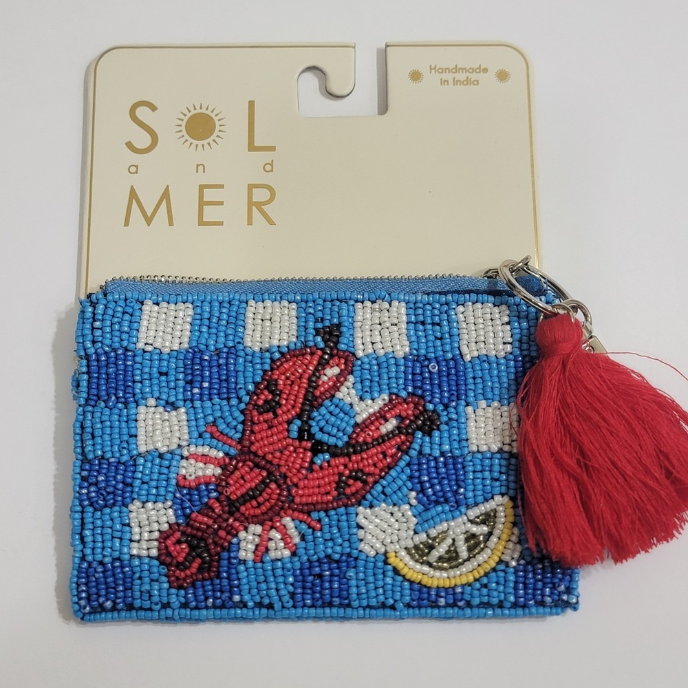 Lobster Lemon Beaded Coin Purse Blue Checkered Zipper Pouch Wallet Nautical NEW